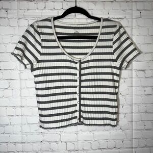 American Eagle Striped Ribbed Snap Front Crop Top White Black Short Sleeve Sz LG